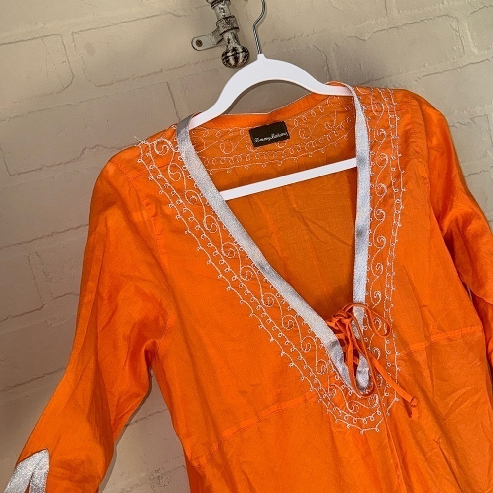 Tommy Bahama cover up Orange Tunic medium Cotton Valencia silver embroidery - Picture 2 of 5